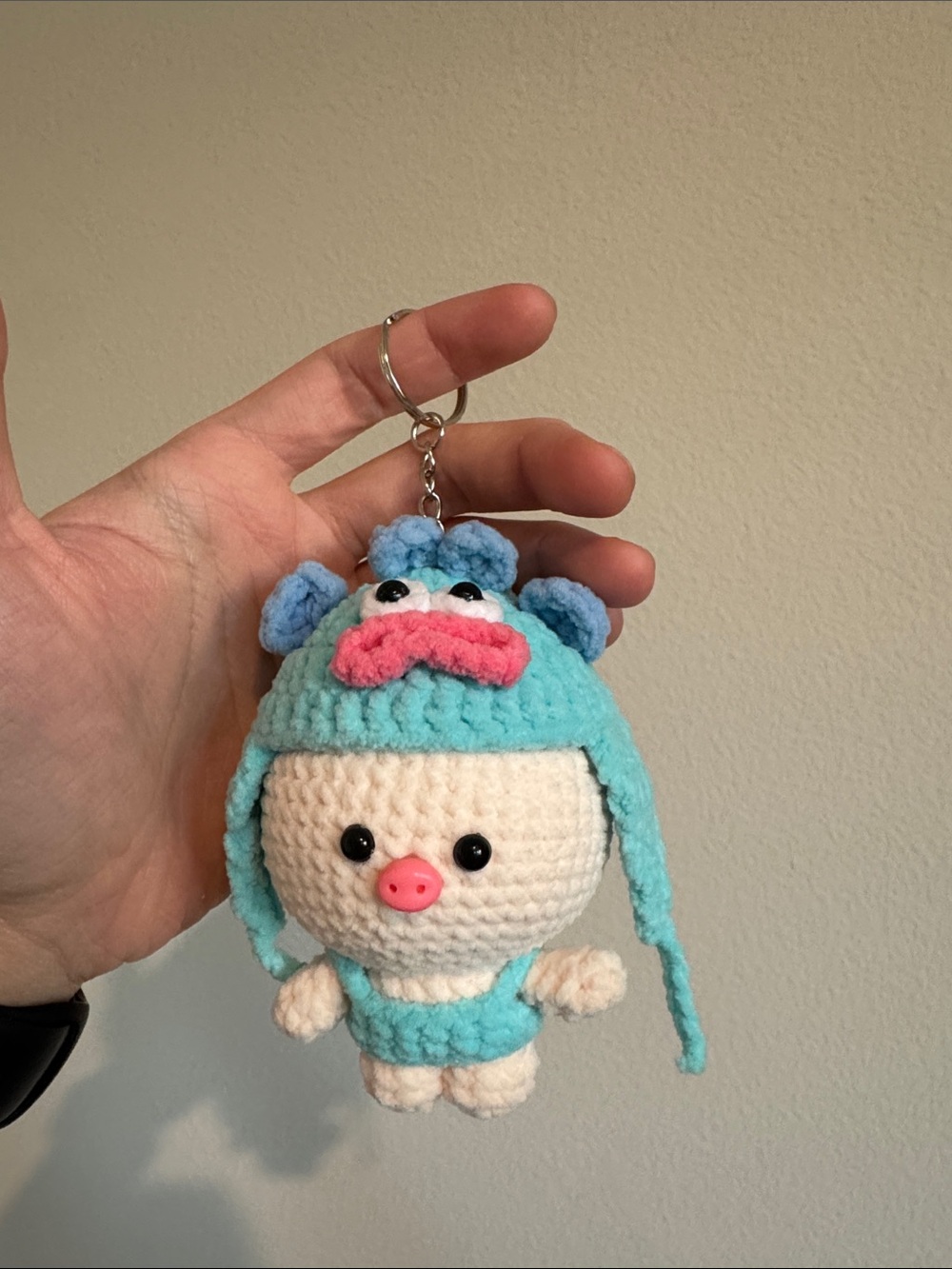 Handmade Crochet Pig Plush Keychain - Aqua & Cream